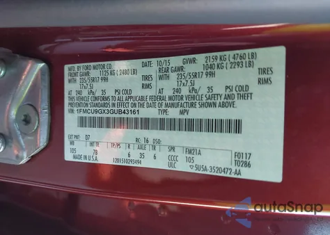 2016 Ford Escape Se z USA, uszkodzony, nr VIN 1FMCU9GX3GUB43161